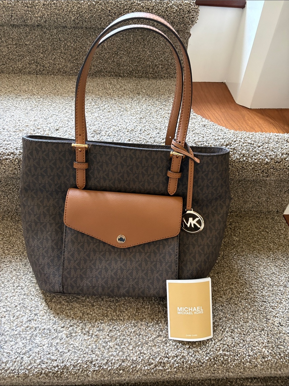 Michael Kors Brown and Tan Logo-Print Tote with Front Flap Pocket